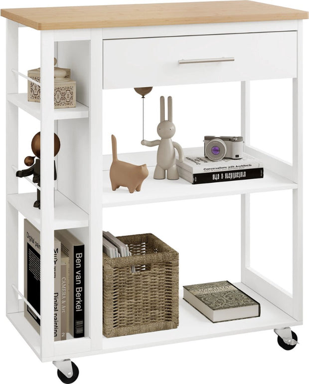 Keukentrolley met wielen - Mobiele keukentrolley met opbergruimte - 2 planken + lade - Houten trolley met stalen frame - Compact en draagbaar - 73x38x88 cm - Keukenopbergmeubel
