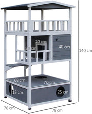 Kattenhuis - voor Buiten – Weerbestendig Houten Hok - met 2 Verdiepingen – Ruime Kooi - Bench en Ren – Duurzaam en Comfortabel – Grijs