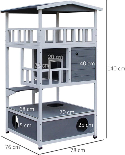 Kattenhuis - voor Buiten – Weerbestendig Houten Hok - met 2 Verdiepingen – Ruime Kooi - Bench en Ren – Duurzaam en Comfortabel – Grijs