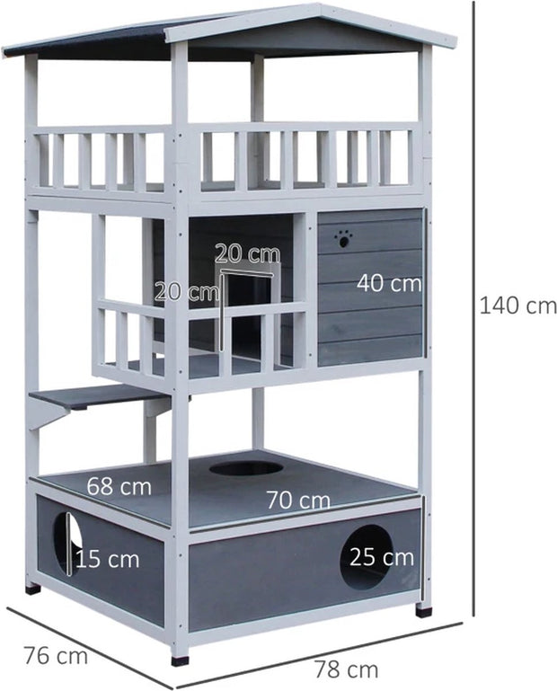 Kattenhuis - voor Buiten – Weerbestendig Houten Hok - met 2 Verdiepingen – Ruime Kooi - Bench en Ren – Duurzaam en Comfortabel – Grijs