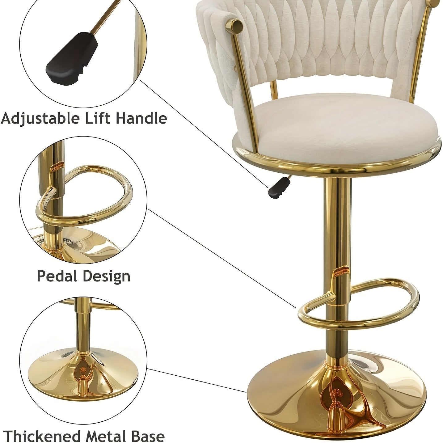 Luxe Royal-Style Barkruk – Verstelbare Hoogte, Draaibaar – Fluwelen Zitting met Gouden Poten, Stevige Ronde Kruk voor Keuken, Home Bar of Café – Elegant Design in Goud & Wit