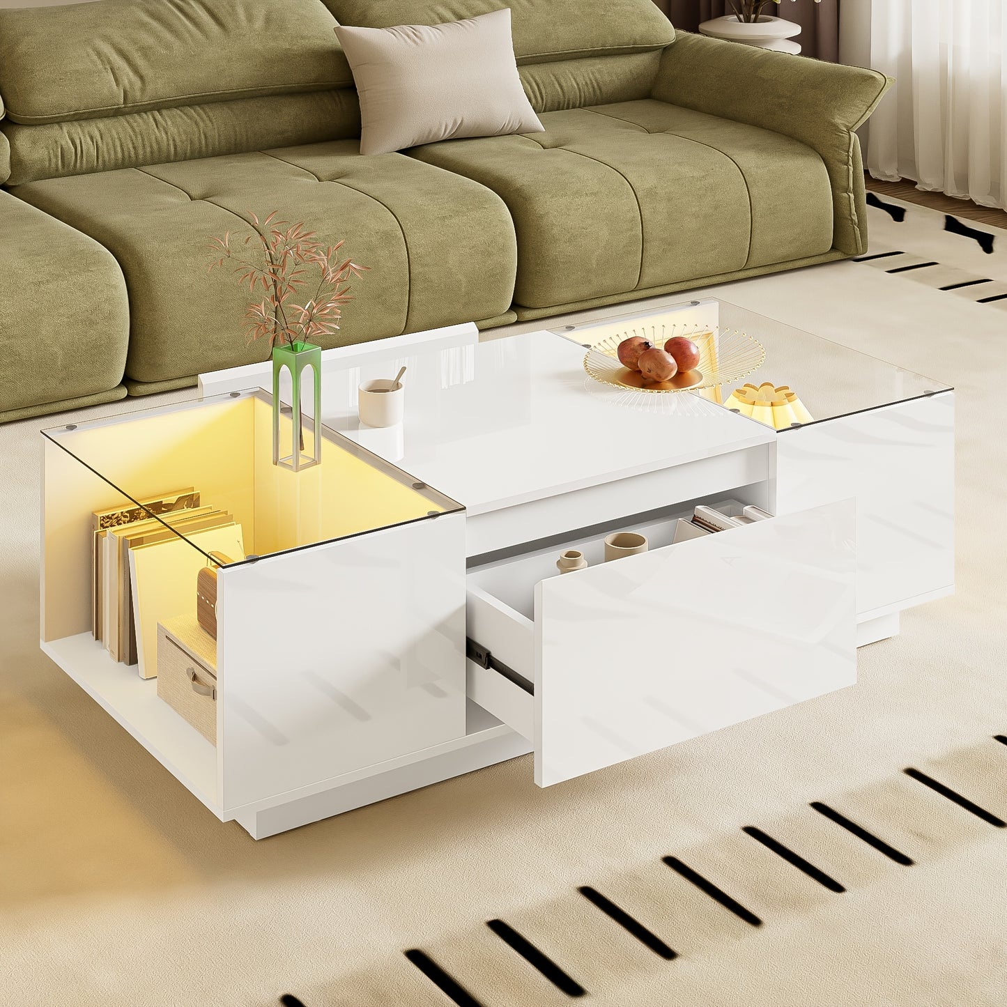 Salontafel – Koffietafel – Woonkamertafel – Bijzettafel – Wit – Glazen Blad – 2 Lades – Ruimtebesparend & Eenvoudige Montage