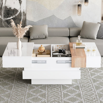 A High-Gloss Square Coffee Table Measuring 70*70*39Cm, Featuring a Retractable Tabletop, Hidden Storage, And a Partition, Available in White And Primary Colors
