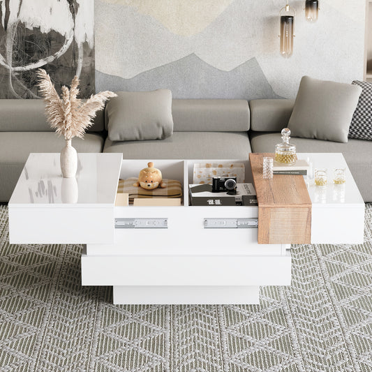 A High-Gloss Square Coffee Table Measuring 70*70*39Cm, Featuring a Retractable Tabletop, Hidden Storage, And a Partition, Available in White And Primary Colors