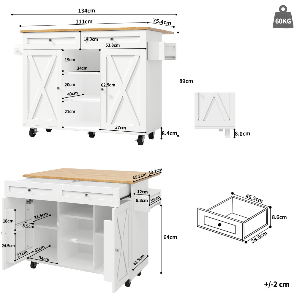 Modern White Wood Grain Kitchen Island with Dining Table, Multifunctional & Dining Cart - Easy Assembly Required, Space-Saving Heavy-Duty Furniture for small Kitchens, Apartments, Homes (Metal Frame)