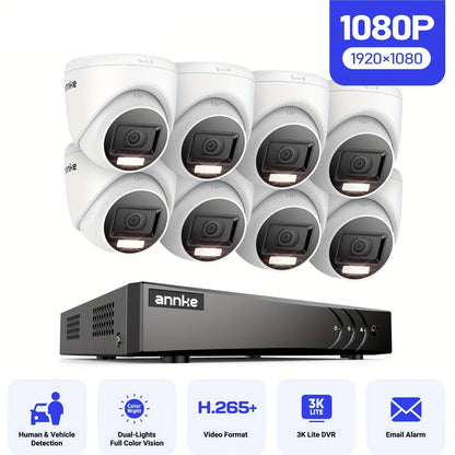 CCTV Beveiligingssysteem – Bewakingscamera Set – Beveiligingscamera Systeem – Camera Beveiliging – Video Bewaking – 8 Kabelgebonden 1080p Camera’s – Nachtzicht Tot 30 Meter – Mens- en Voertuigdetectie Met Emailalerts