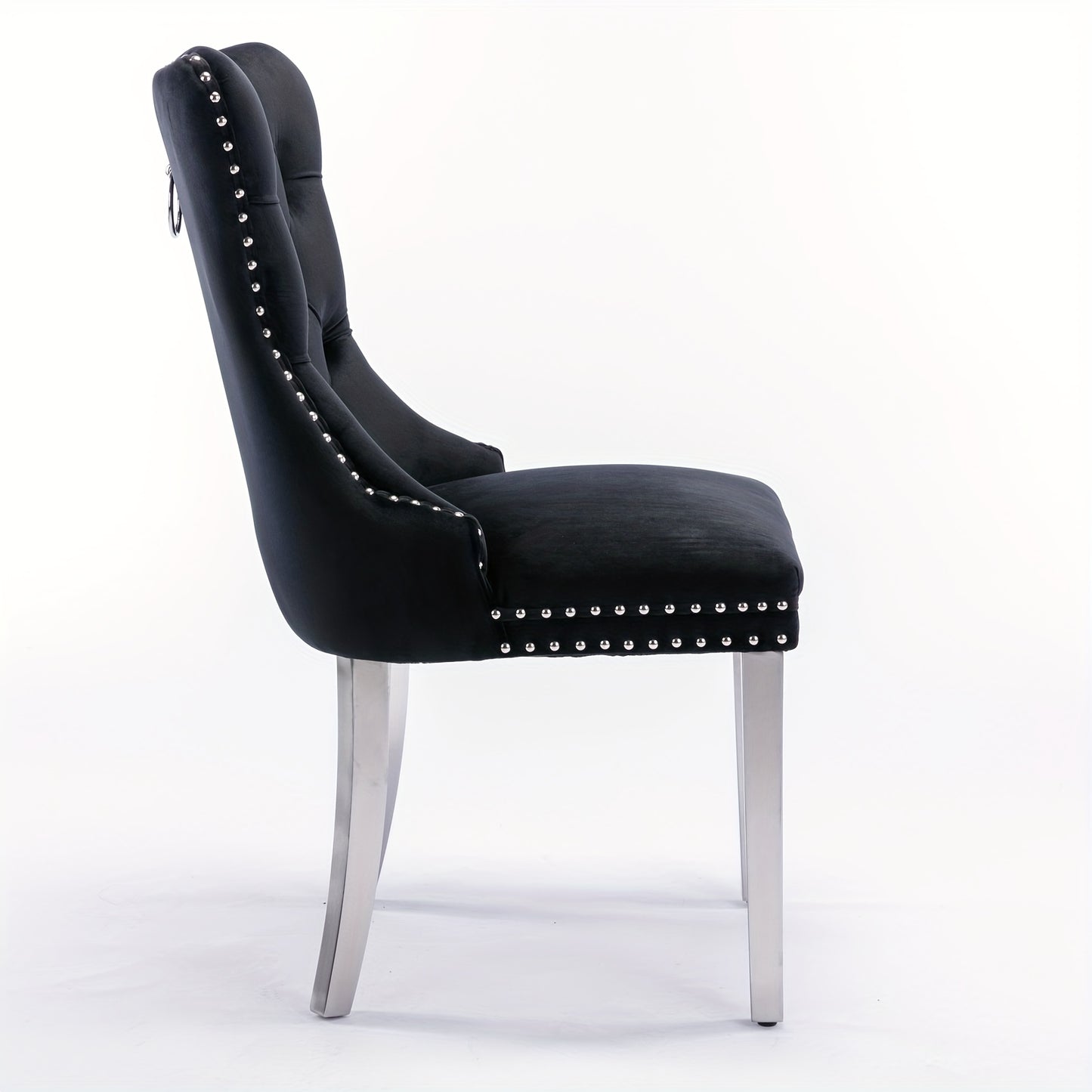 Set of 2 Modern Luxury Tufted Dining Chairs - Solid Wood Frame with Black Velvet Upholstery, Chrome Legs & Nailhead Trim, Plush Cushioned Seats with High Backrest & Curved Arms - Heavy-Duty Contemporary Design for Elegant Din