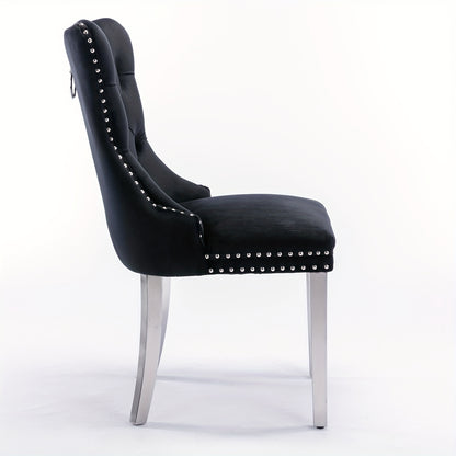 Set of 2 Modern Luxury Tufted Dining Chairs - Solid Wood Frame with Black Velvet Upholstery, Chrome Legs & Nailhead Trim, Plush Cushioned Seats with High Backrest & Curved Arms - Heavy-Duty Contemporary Design for Elegant Din