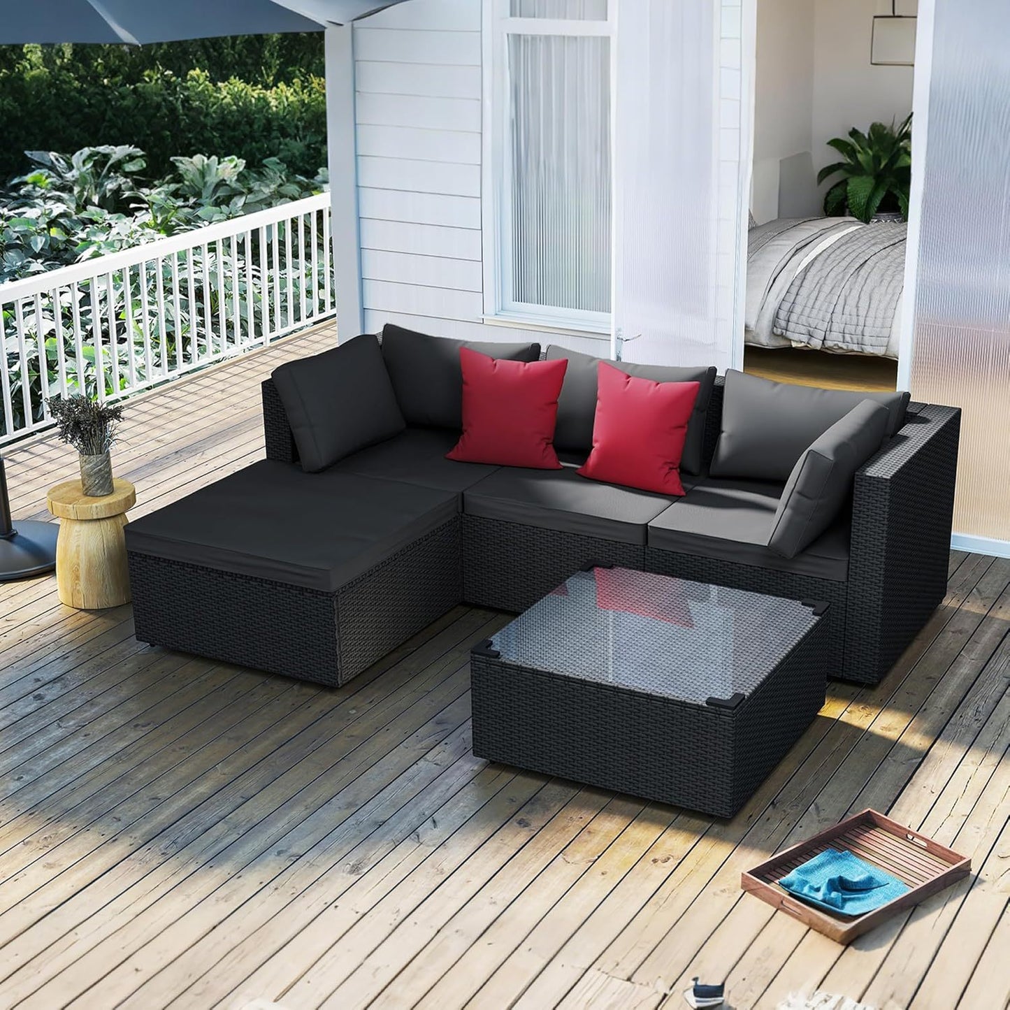 Loungebank – Loungeset – Tuinbank – Balkonbank – Tuinmeubelset – 3-zits Sofa – PVC Rattan – Met Glazen Tafelblad