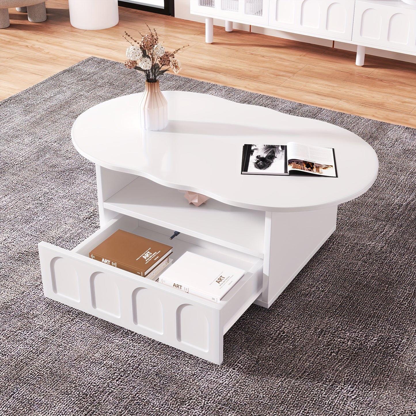 Wolkvormige Salontafel – Koffietafel – Bijzettafel – Opbergtafel – Woonkamertafel – Wit – Met Lades en Kastjes – Duurzaam Hardhout en Kunsthout