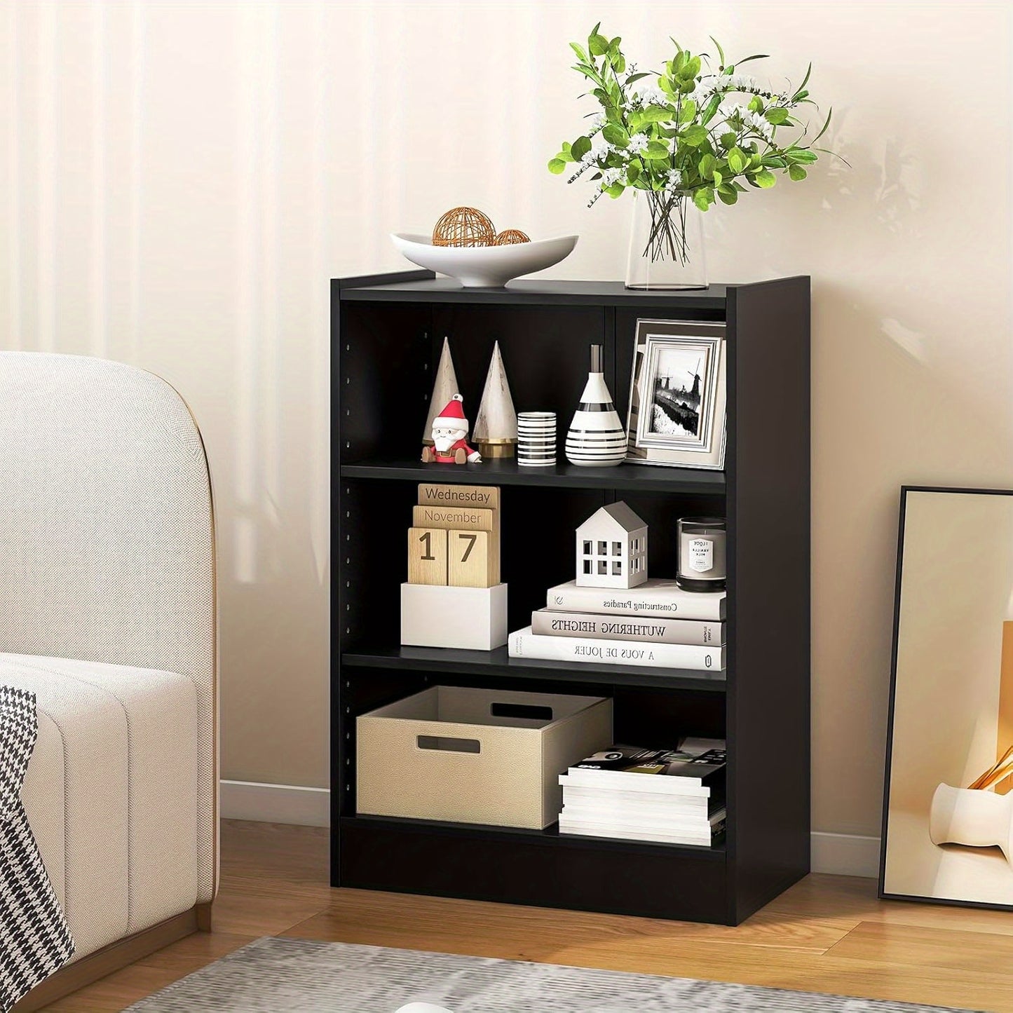 Boekenkast – Vitrinekast – Opbergkast – Wandrek – Openkast – 3-vaks Verstelbare Planken – Water- en Krasbestendig Zwart