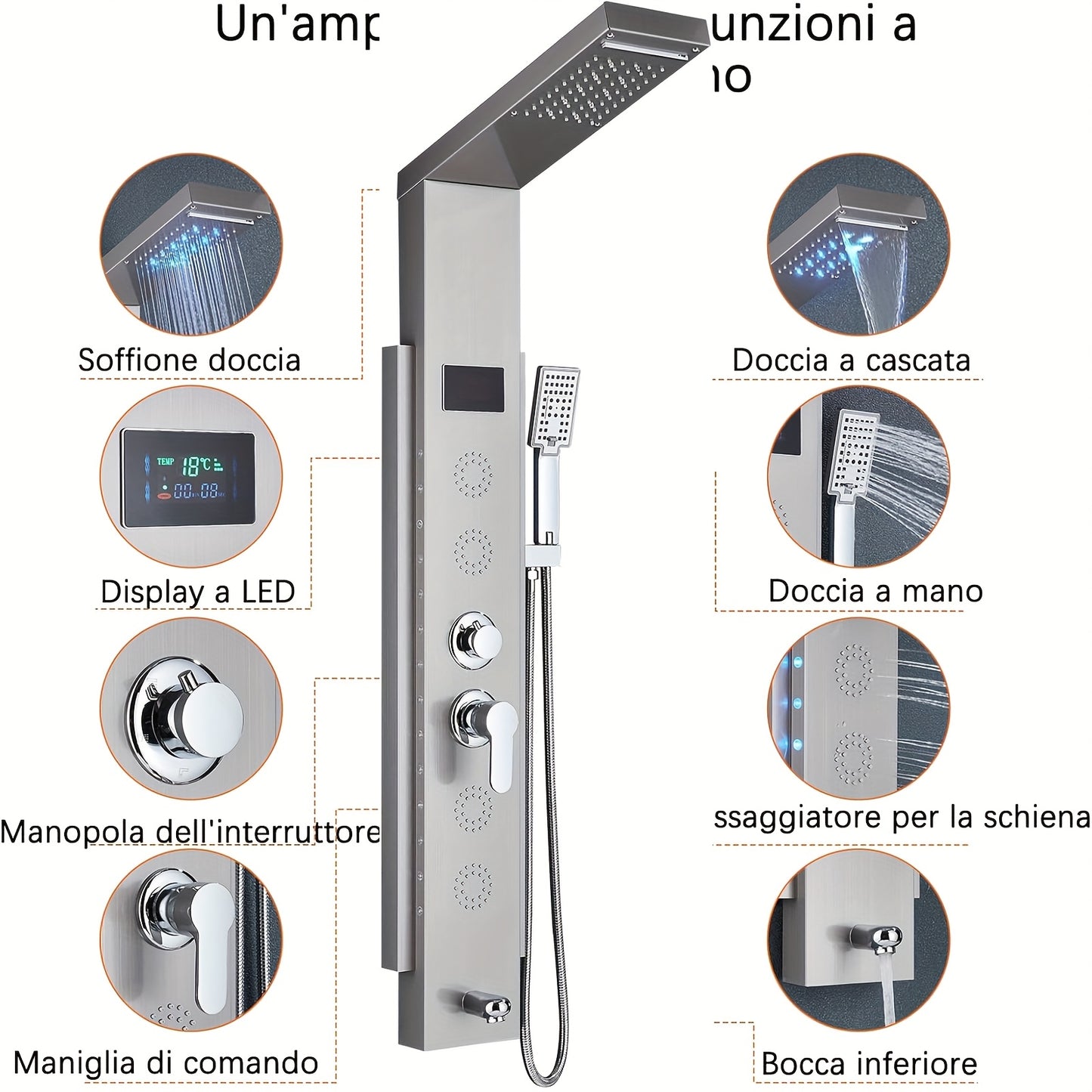 Stainless Steel Shower Column Shower Tower with Shower Mixer Tap, 7 Shower Modes:Rain And Waterfall Shower, 4 Body Massage Jets, 3 Modes Handheld Shower And Bathtub Spout, Brushed Nickel Shower Panel, Shower Sets For Bathroom