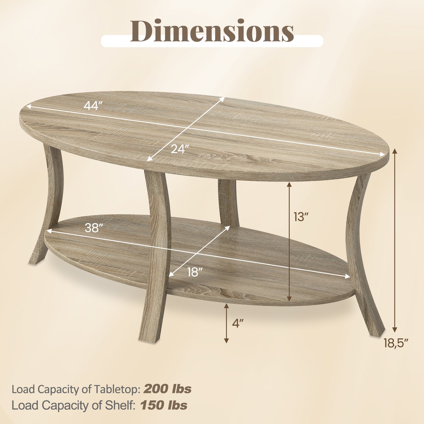 Salontafel – Koffietafel – Woonkamertafel – Eettafel – Bijzettafel – 2-laags Ovaal – Houtnerf Oppervlak – Anti-slip Poten