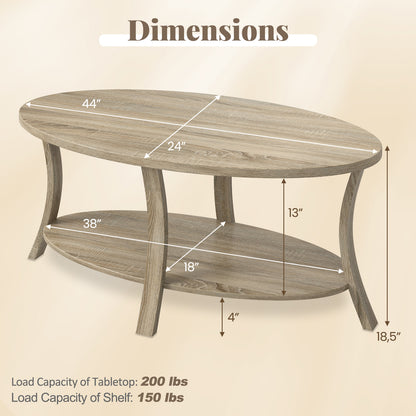 Salontafel – Koffietafel – Woonkamertafel – Eettafel – Bijzettafel – 2-laags Ovaal – Houtnerf Oppervlak – Anti-slip Poten