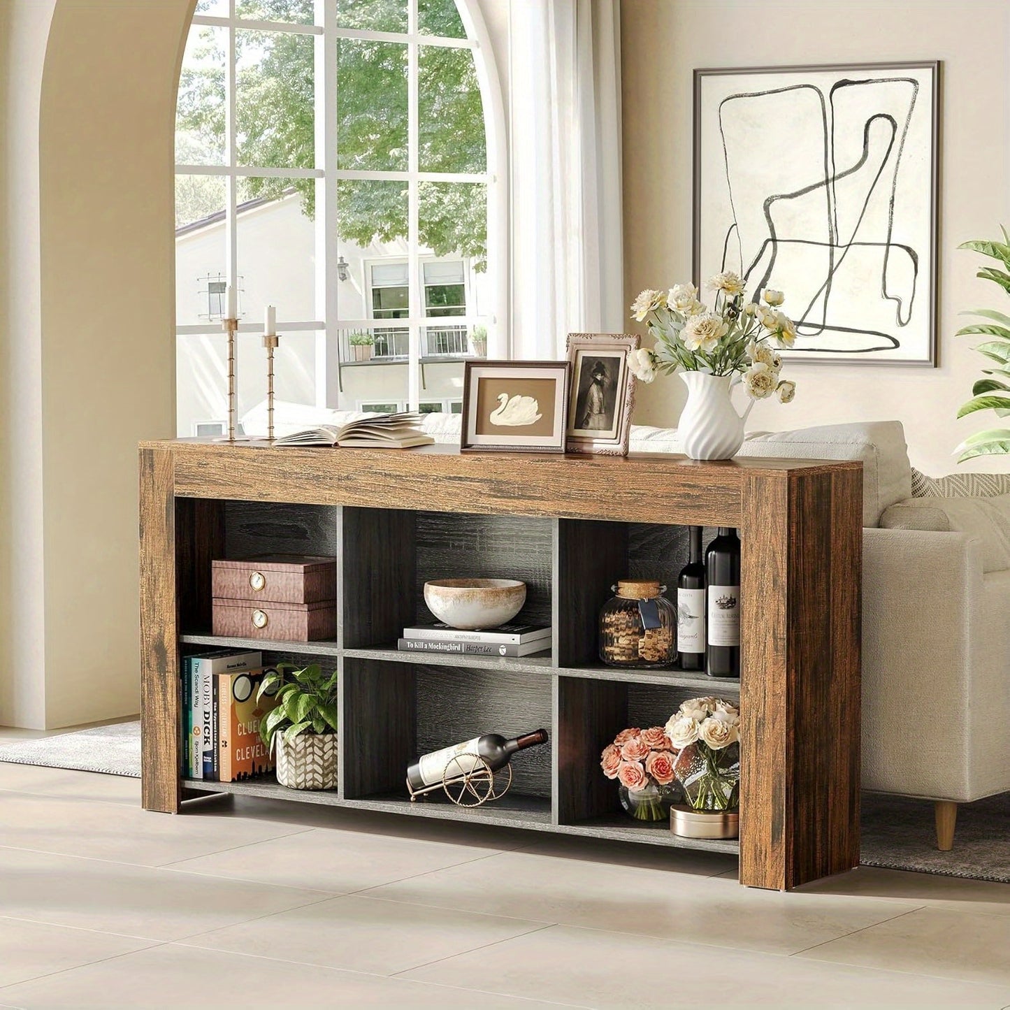 Sofatafel – Console Tafel – Bijzettafel – Sidetable – Wandtafel – 160 cm Lang – Houtvezelplaat & Hardhout – 2-laags Met 6 Opbergvakken – Smal Design Voor Hal Woonkamer