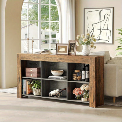 Sofatafel – Console Tafel – Bijzettafel – Sidetable – Wandtafel – 160 cm Lang – Houtvezelplaat & Hardhout – 2-laags Met 6 Opbergvakken – Smal Design Voor Hal Woonkamer