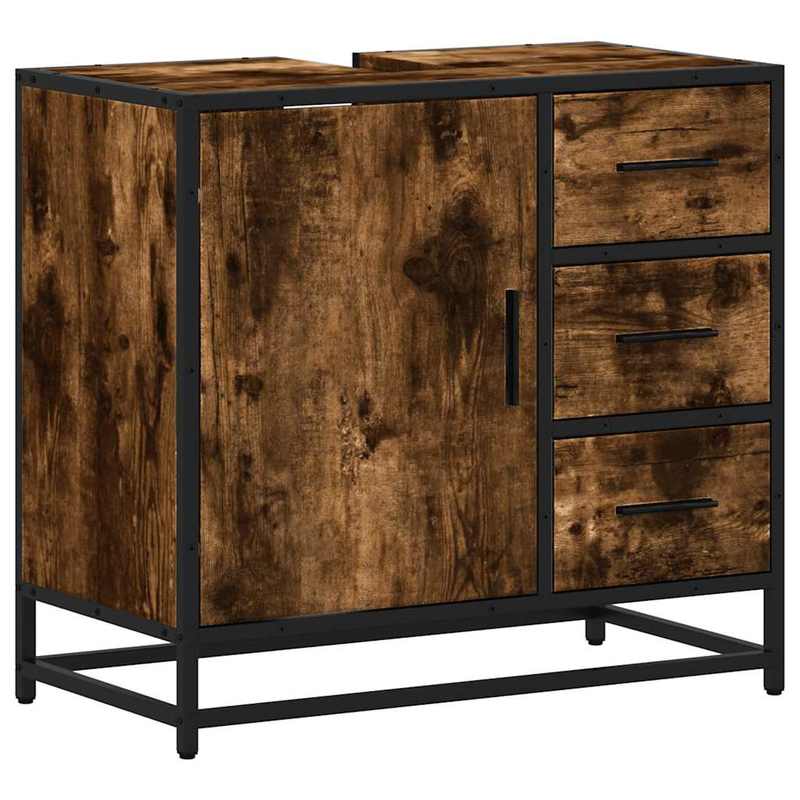 Badkamermeubel – Wastafelkast – Badkamerkast – Opbergmeubel – Toiletkast – Smoke Eiken – Compact 65x33x60 cm – Duurzaam Houtcomposiet Met Metalen Frame