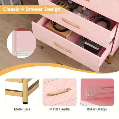 Nachtkastje – Ladekast – Bijzettafel – Opbergkast – Kast – Roze – 4 Lades – Hout – 69 cm Hoog – Gouden Handgrepen – Modern Minimalistisch Design