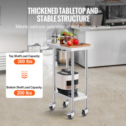 Werktafel – Werkbank – RVS Tafel – Keukentafel – Opbergsysteem – Roestvrij Staal SUS201 – 3 Verstelbare Legplanken – Zwenkwieltjes Met Rem