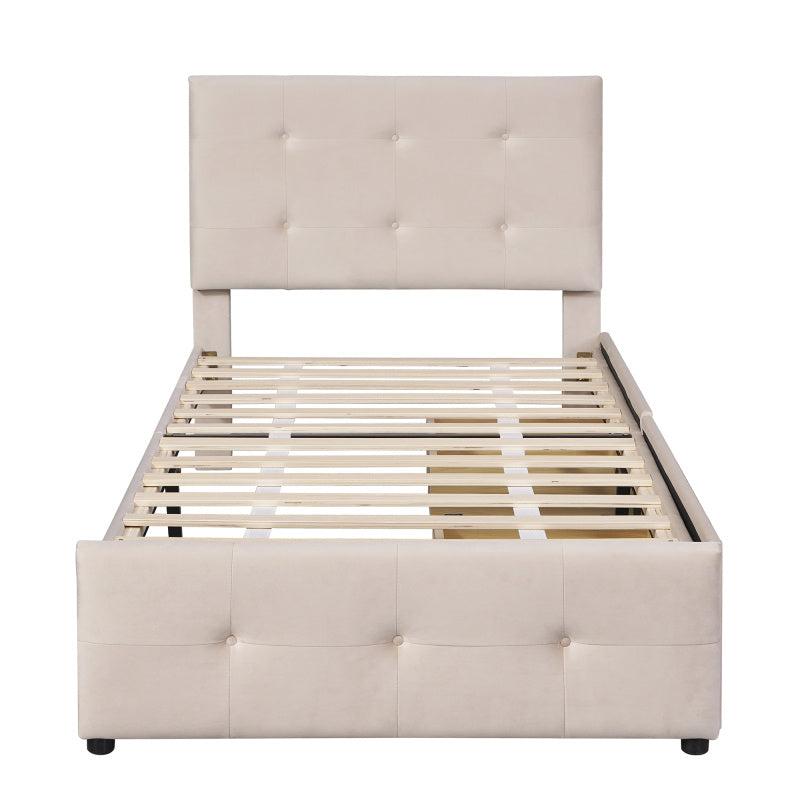 Bedbank – Slaapbank – Logeerbed – Eenpersoonsbed – Bedframe – Licht Beige Fluwelen Bekleding – Inclusief Lattenbodem en 2 Opberglades