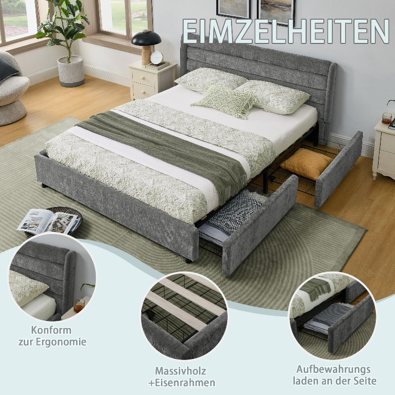 Ledikant – Bedframe – Slaapbank – Bedbank – Stalen Bed – 140x200 cm – Donkergrijs Chenille – 4 Grote Opbergladen – Eenvoudige Montage