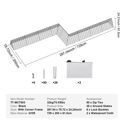 Kippenren – Kippenhok – Pluimveeverblijf – Buitenren – Kipentunnel – Draagbaar – Stevig Metaal – Groot Activiteitsgebied 729x200x61,5 cm