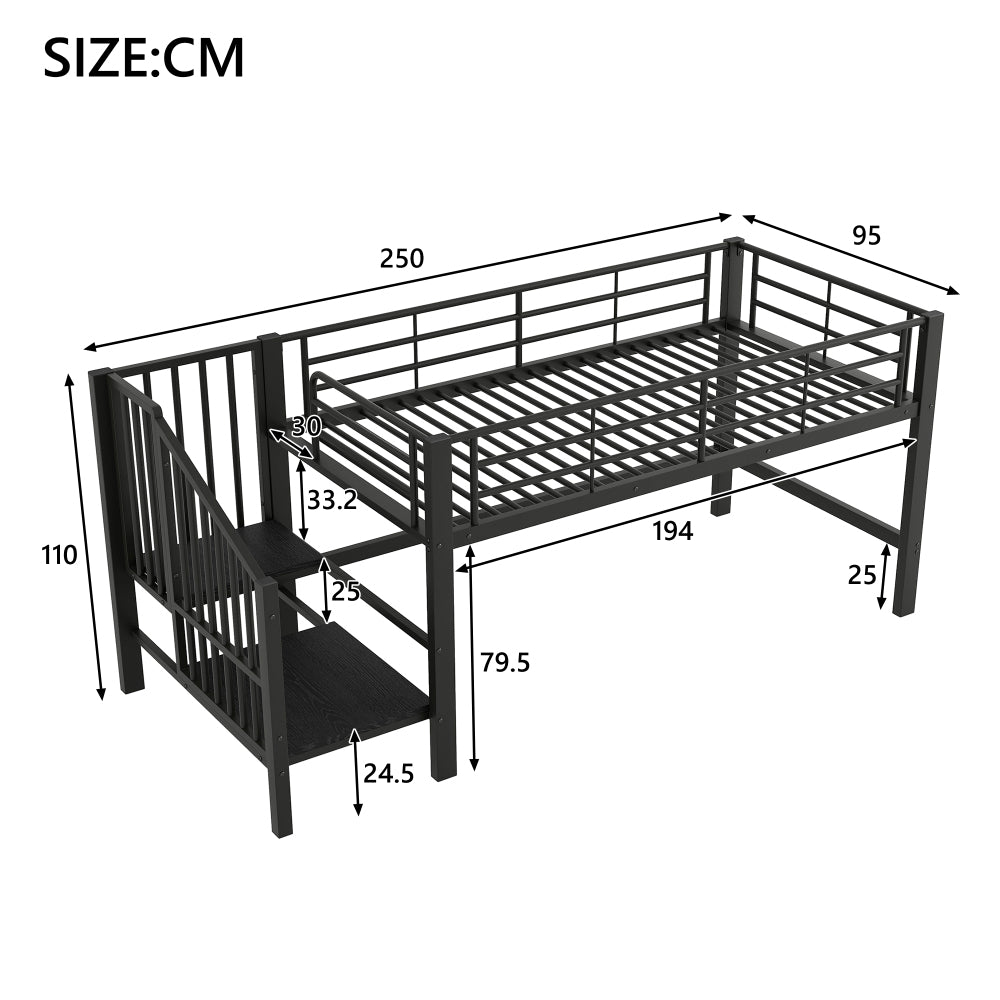 Hoogslaper – Bedframe – Mid-hoogslaper – Stapelbed – Kinderbed – 90x200 cm – Zwarte Opbergladder – Ruimtebesparend Design