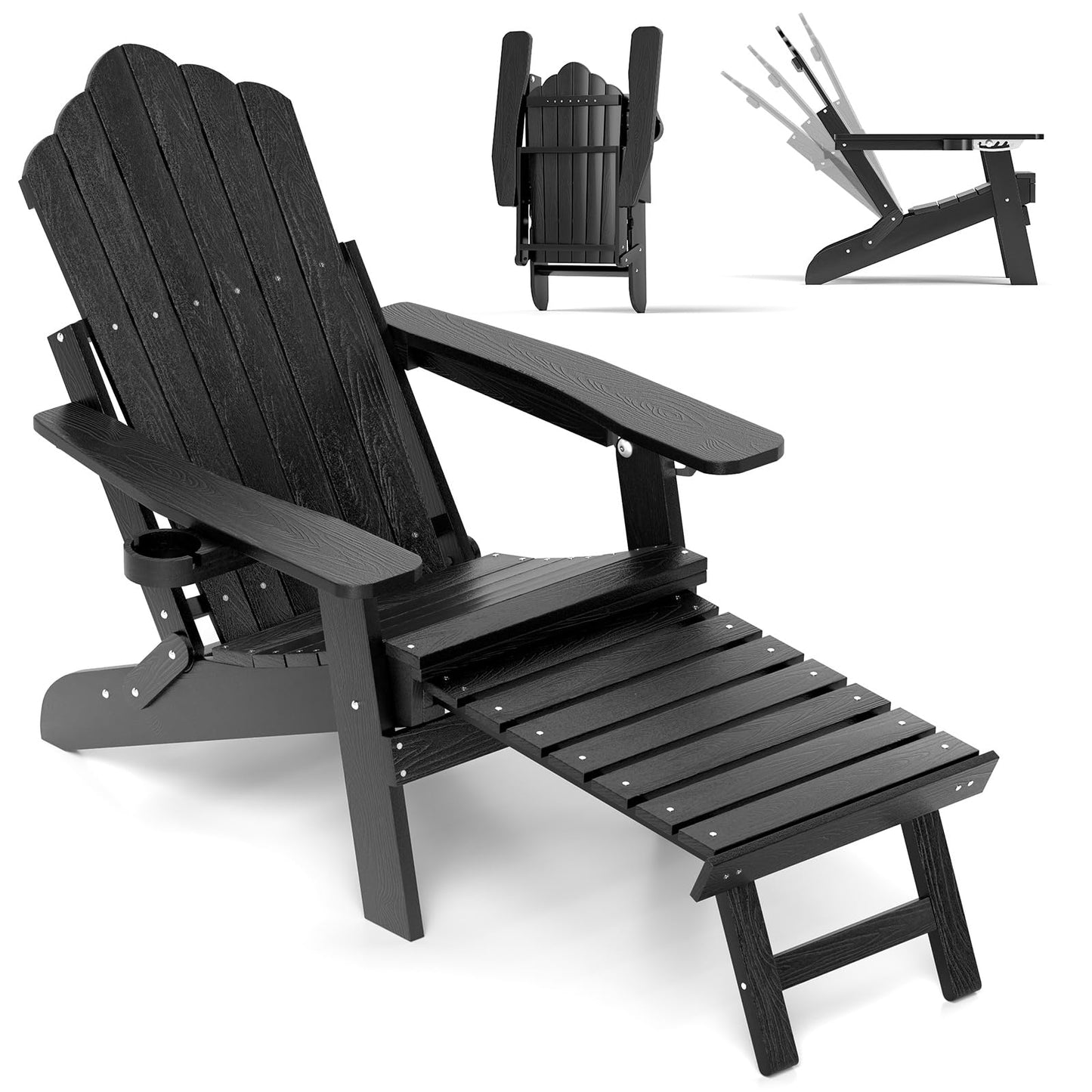 Adirondack Tuinstoel – Tuinstoel – Buitenstoel – Ligstoel – Relaxstoel – Vouwbaar Met Voetensteun – Weerbestendig Kunststof – Verstelbare Rugleuning – 180 Kg Draagvermogen – Zwart