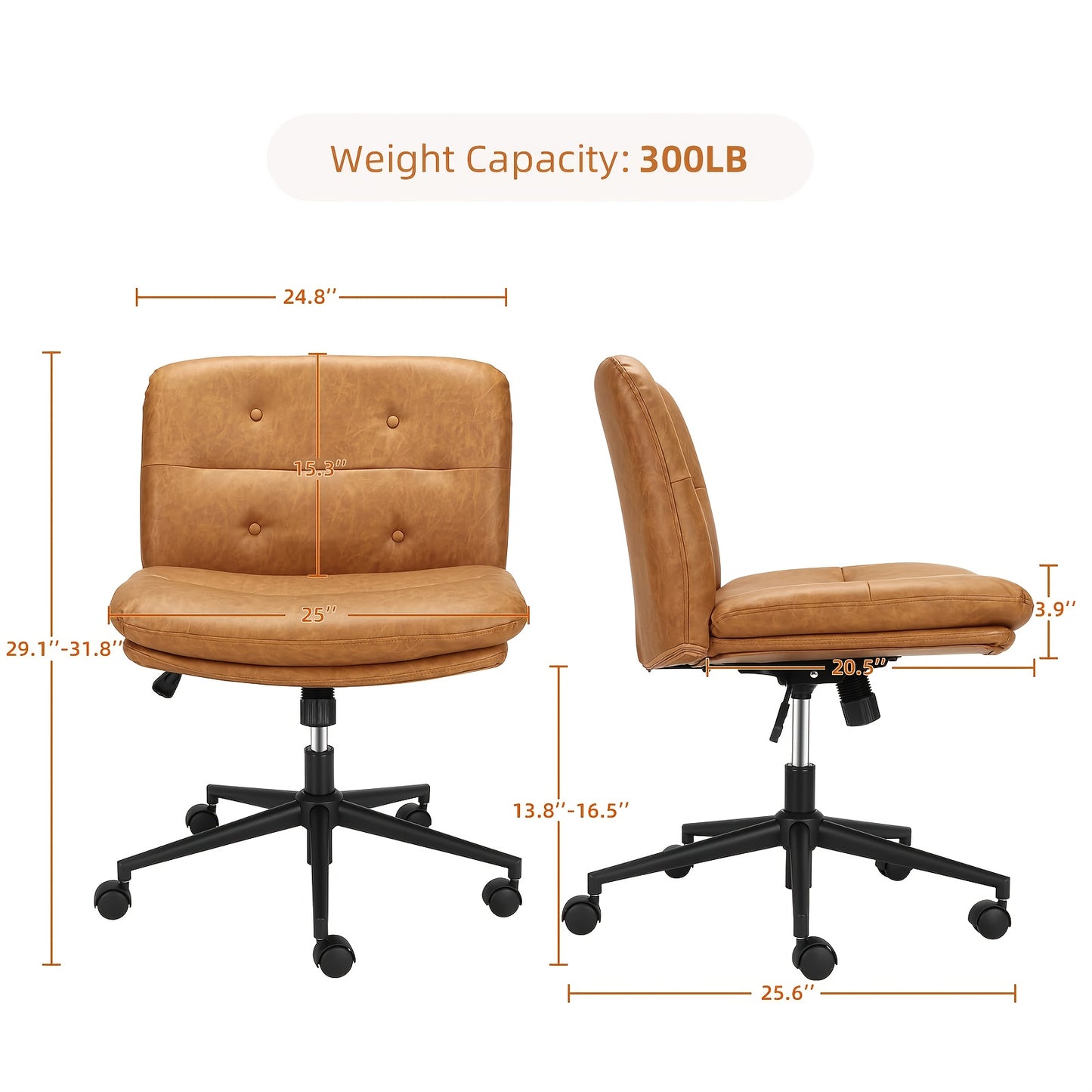 HAUSPROFI Adjustable Height Cross Legged Office Chair - Armless Swivel Desk Chair with 5-Wheel Base, Ergonomic Wide Seat & Solid Back Support, Brown - Portable Rolling Vanity Chair for Home Office, Dorm, Living Room, Dorm Roo