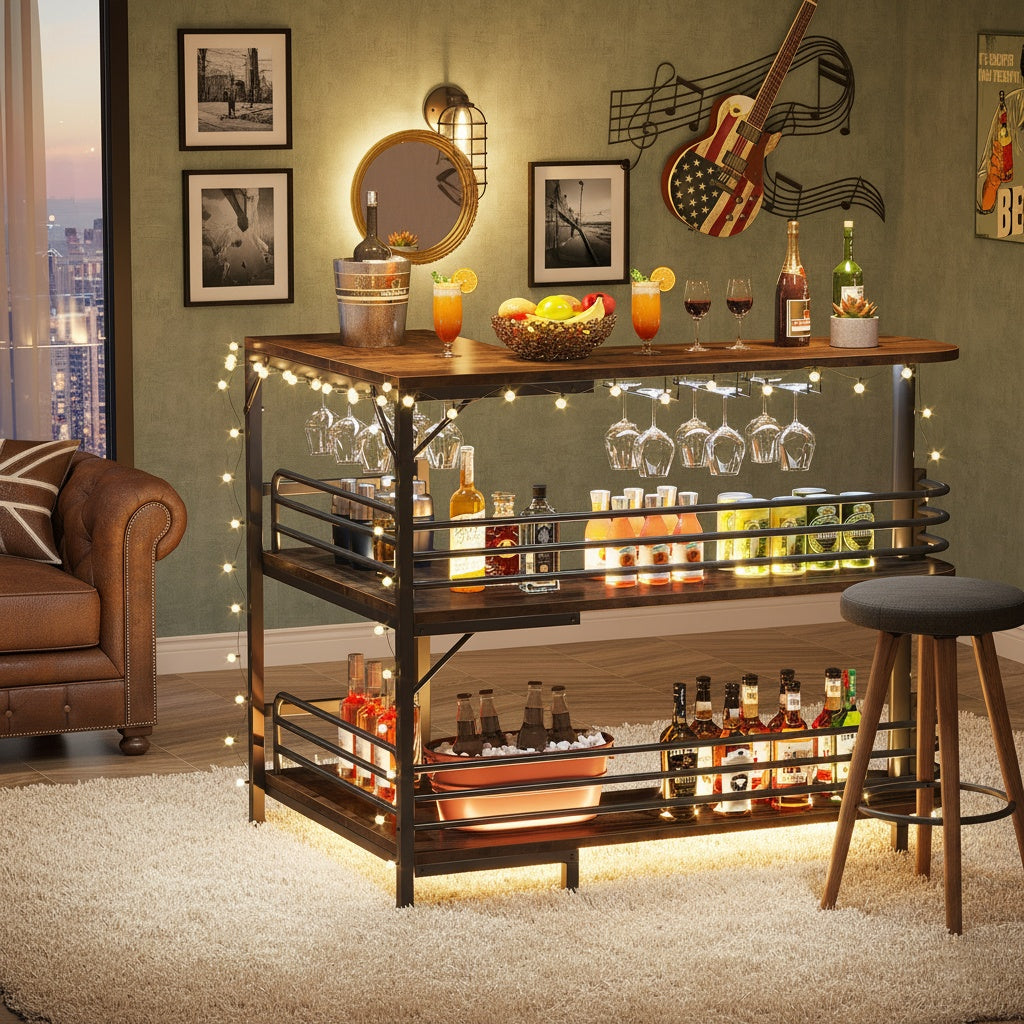 L-vormige Home Bar Cabinet – Hoekbar – Drankkast – Wijnrek – Barmeubel – Ruimtebesparend Hoekontwerp – Stevig Ge-engineerd Hout Met Glasrek