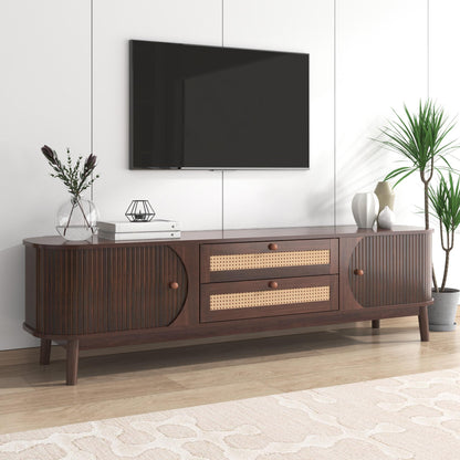 BTM TV Cabinet - Natural Wood Blend TV Stand with Doors and Drawers, Rattan Sides, Storage Solution, Natural Country Style