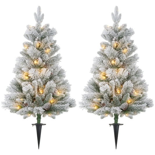Kunstkerstboom – Set Van 2 – Traditionele Kerstboom – Winterdecoratie – Feestelijke Boom – 107 Cm Hoog – Brandveilig Materiaal – Groen/Wit Met Dennenappels En Rode Bessen