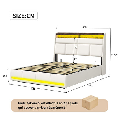Dubbel Opbergbed – Opbergbed Met Lade – Opklapbed – Bed Met Opbergruimte – Led Bed – 140x200 Cm – PU Leder & Metaal – Gasdrukveren – Usb Oplaadpoorten