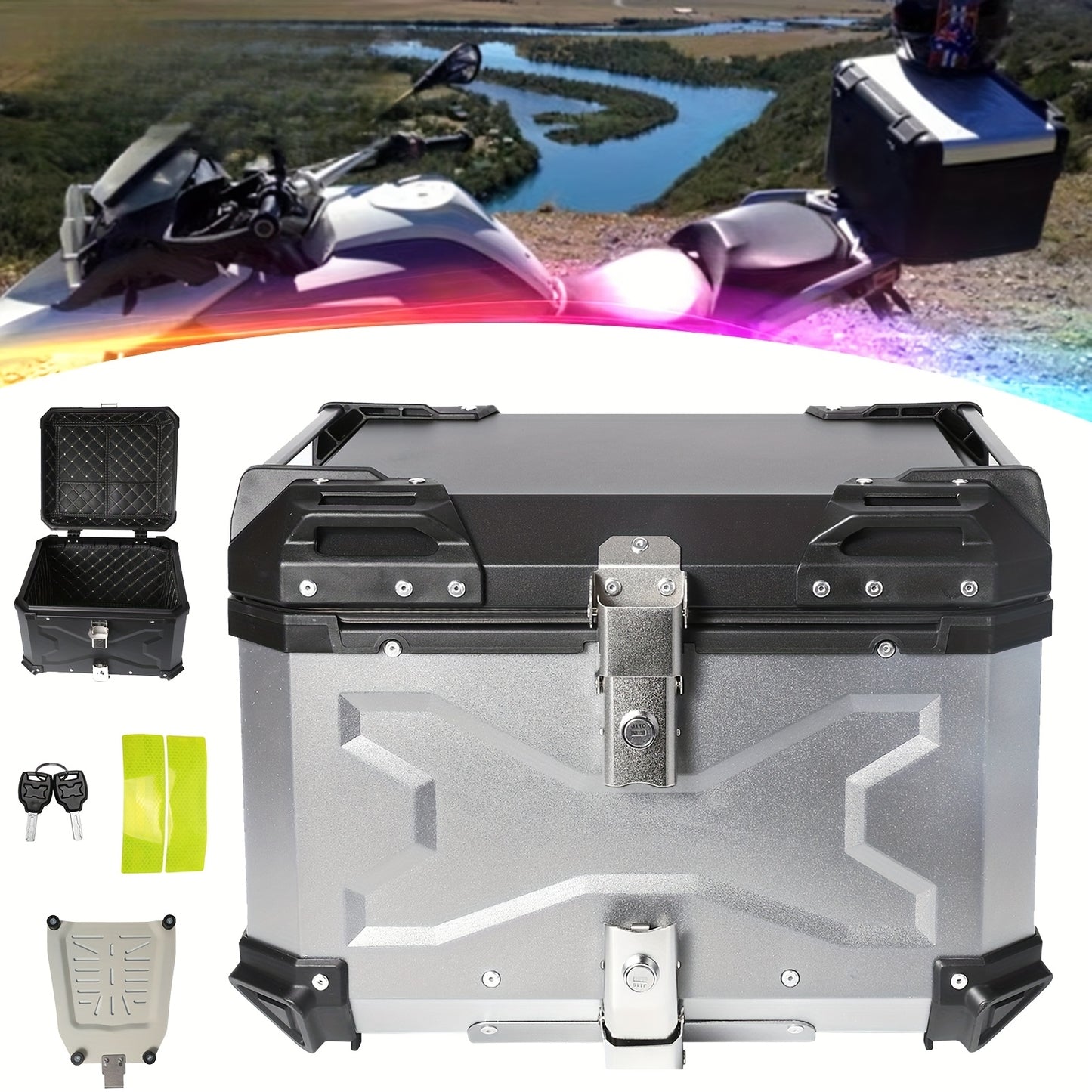 Motorfiets Topkoffer – Achterkoffer – Bagagebox – Helm Opbergbox – Toolbox – 55L Capaciteit – Aluminium Behuizing Zwart/Zilver