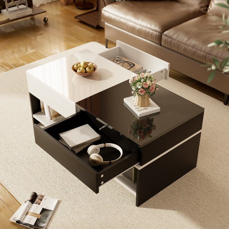 Salontafel – Koffietafel – Tafel – Woonkamertafel – Opbergtafel – Retro-Modern Design – 2 Laden Opbergruimte – Hoogglans Zwart-Wit – Ruim 100 cm – Direct Gebruiksklaar – Duurzaam Materiaal