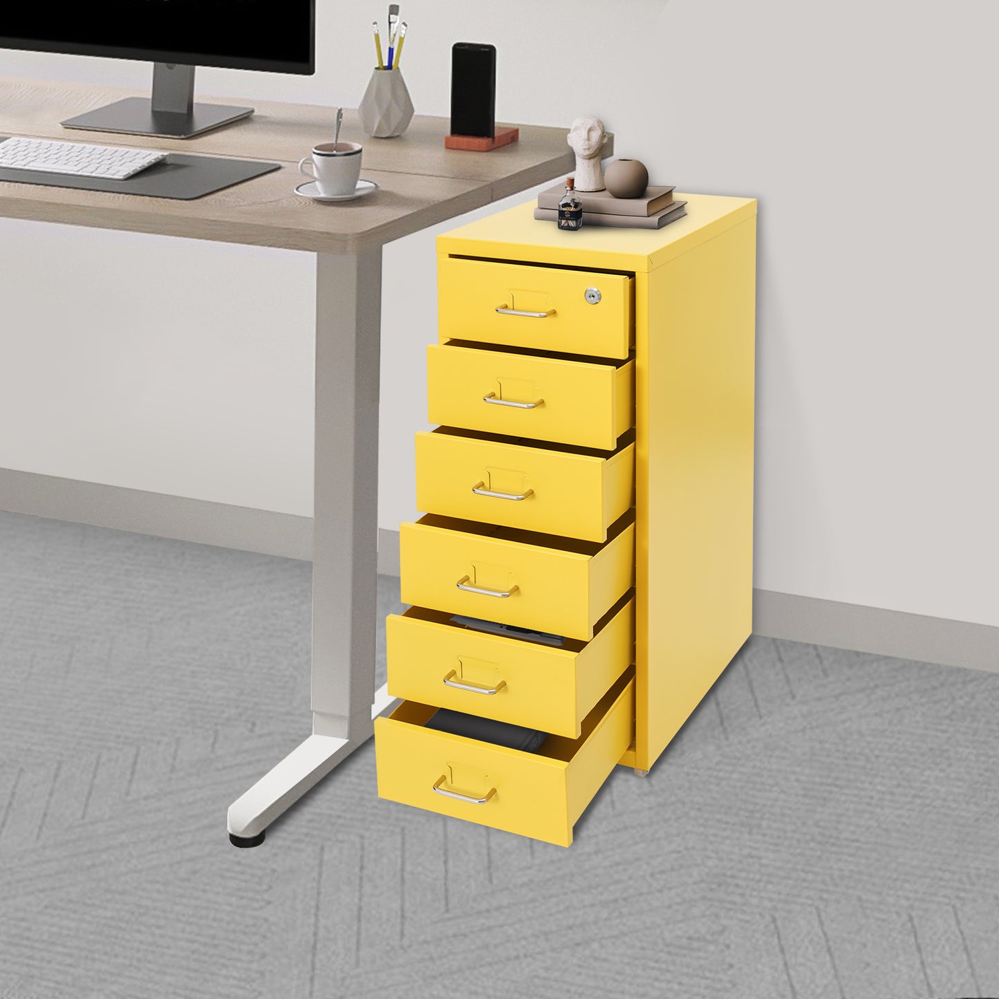 Ladekast Kantoor – Ladeblok Bureau – Opbergkast Schuifladen – Archiefkast Metal – 6 Lades Met Slot – Compact 28x41x69 cm – Koudgewalst Staal Met Wielen