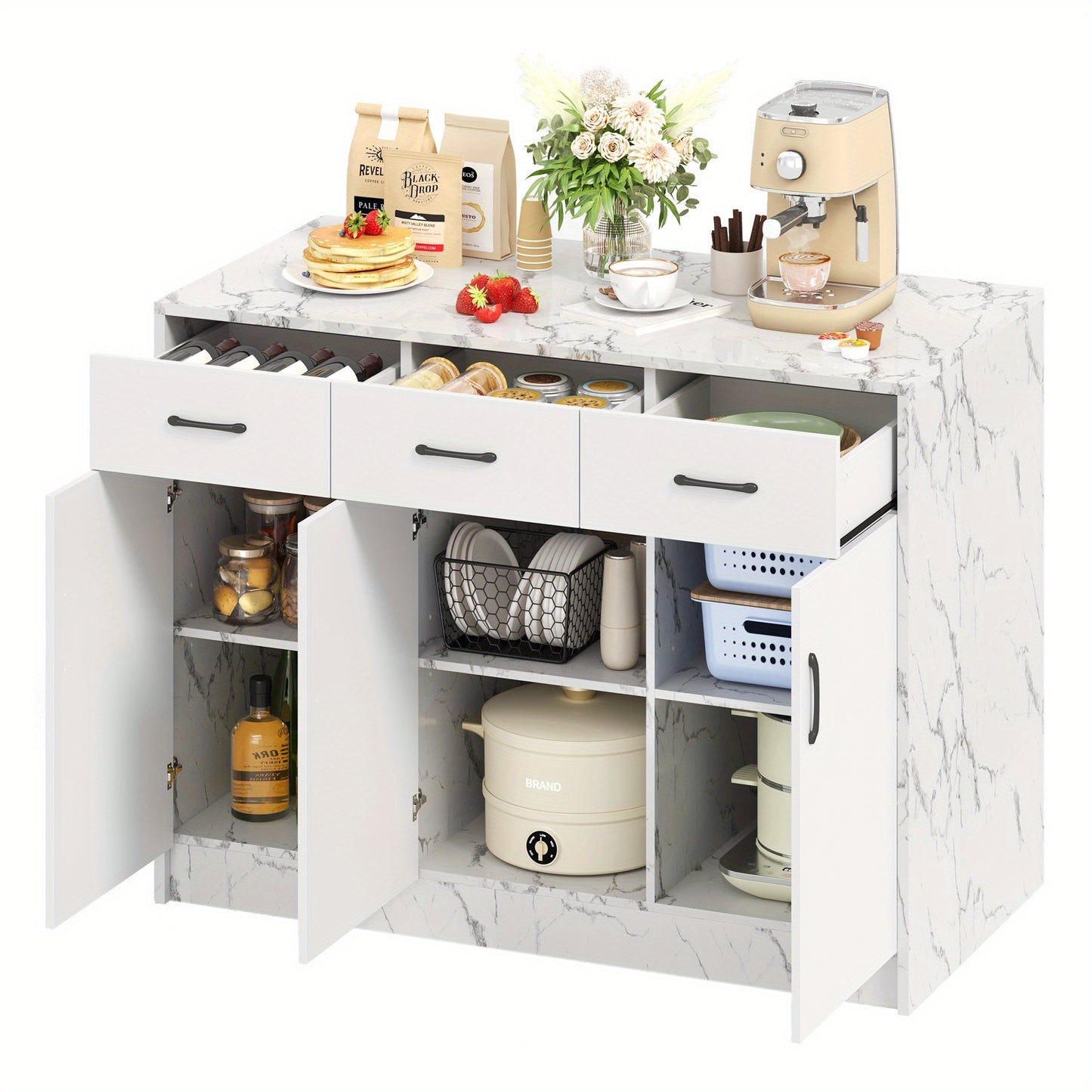 Grote Keukenisland – Keukeneiland – Buffetkast – Modern Meubel – Eilandkast Wit Marmer – 120x60x90,5 cm – Soft-Close Lades – Verstelbare Planken