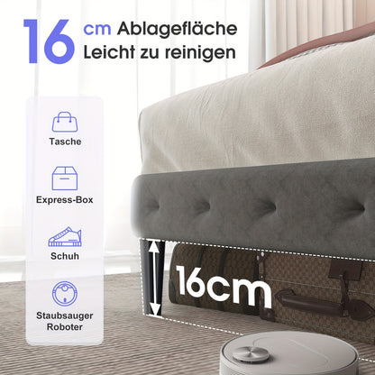 Gestoffeerd Tweepersoonsbed – Tweepersoonsbedframe – Bed met Hoofdeinde – Stoffen Bed – Bed met Opbergruimte – 140x200 cm – Stevig Houten Frame met Lattenbodem