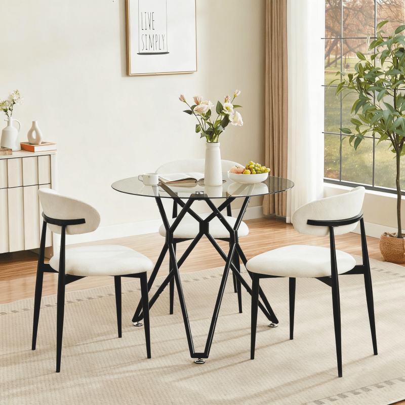 Ronde Eettafel – Eettafel Glas – Tafel Klein – Ronde Tafel – Keukentafel Zwart Metaal – 90 cm Diameter – Gehard Glasblad – Stevig Metalen Onderstel