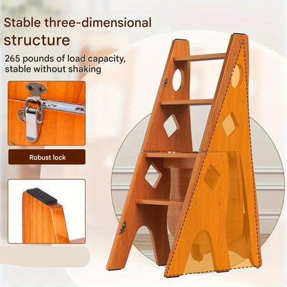 Opvouwbare 4-Traps Librarisladder – Houten Trapje – Opklapbare Ladder – Boekenkastladder – Bloemenrek – Duurzaam Hardhout – Ruimtebesparend en Multifunctioneel – Honingkleur
