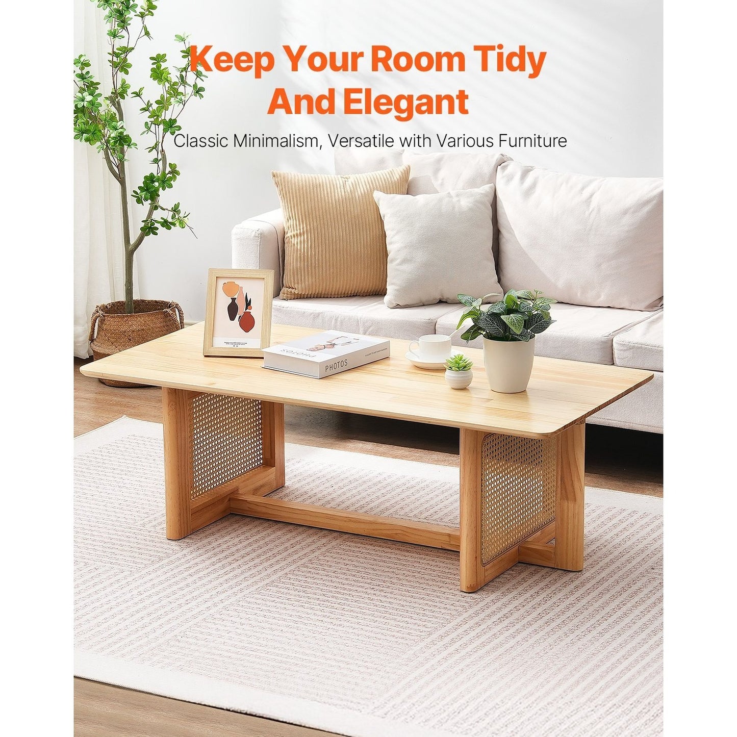 Rotan Salontafel – Rattan Tafel – Bijzettafel – Koffietafel – Rieten Tafel – Rechthoekig – Handgevlochten Rotan – Massief Houten Blad