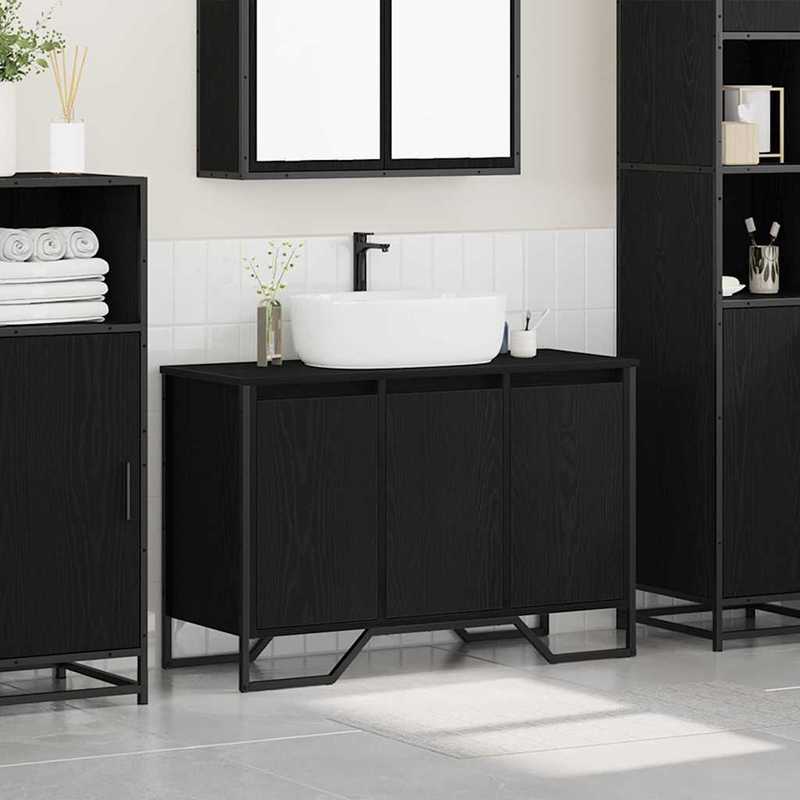Badkamerkast – Badkamermeubel – Opbergkast – Waskast – Toiletkast – Zwarte Eiken – Compact 91x35x60 cm – MDF en Massief Hout – Wandhangend – Ruimtebesparend