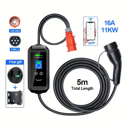 Elektrische Autolader – EV Oplaadkabel – Thuislader – Draagbare Lader – Type 2 Laadstation – 11 kW Vermogen – 5 Meter TPU Kabel