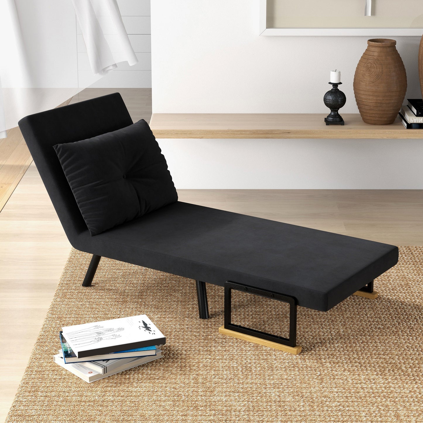 Stoelbed – Slaapstoel – Fauteuil – Slaapfauteuil – Ligstoel – 4-in-1 Multifunctioneel – Verstelbare Rugleuning 5-Posities – Fluweelachtige Stof – Stevig Metalen Frame – Zwart