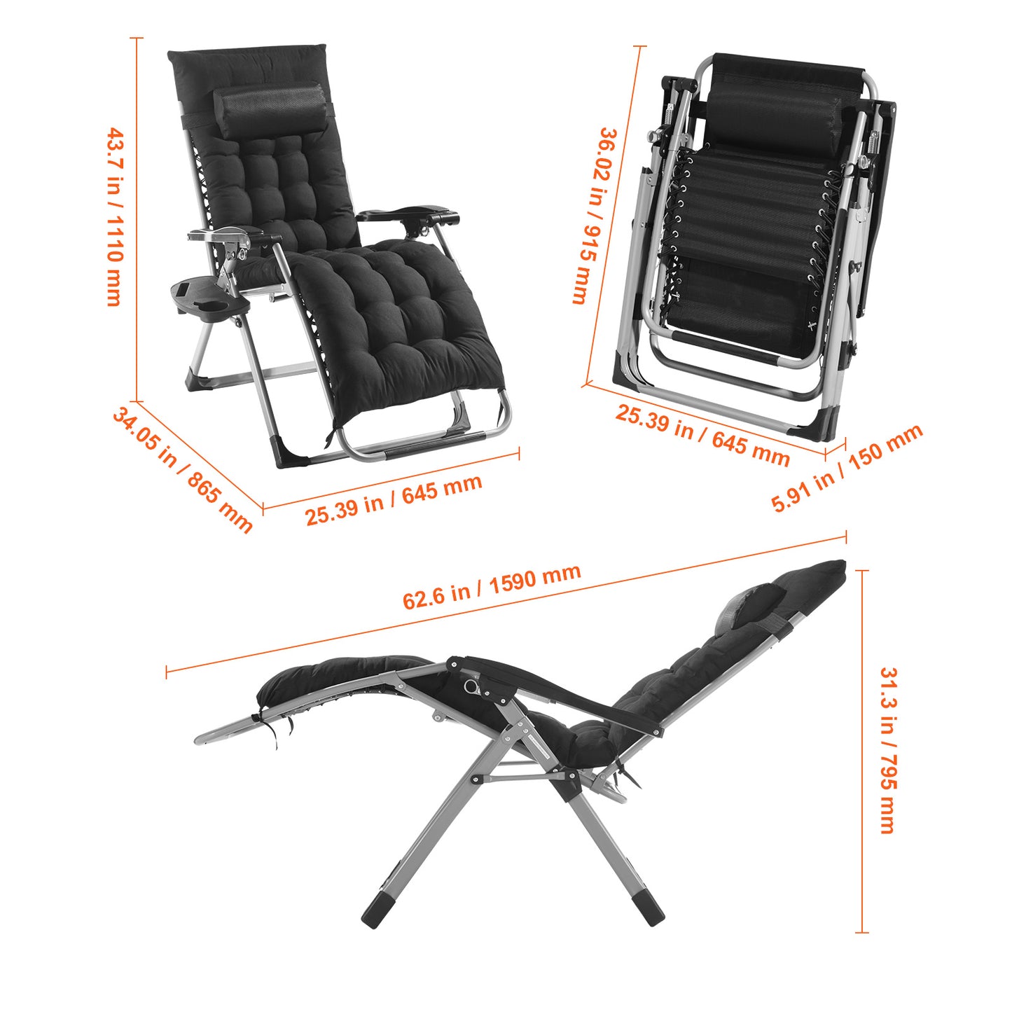 Zero Gravity Relaxstoel – Ligstoel – Loungestoel – Tuinstoel – Relaxfauteuil – Zwart – Verstelbare Ligpositie 90°-170° – Draagkracht 227 kg