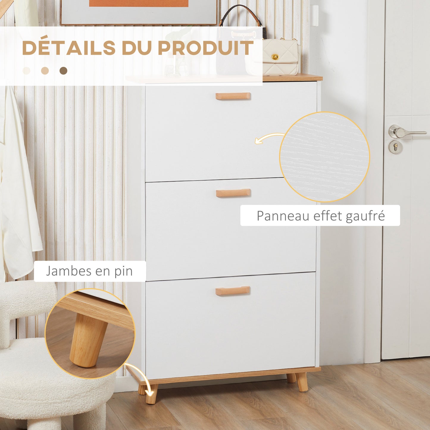 Schoenenkast – Schoenopberger – Schoenenrek – Schoenenkastje – Wit – Scandinavisch Design – 3 Kleppen Met Verstelbare Vakindeling – Compact 70x23,5x122 cm