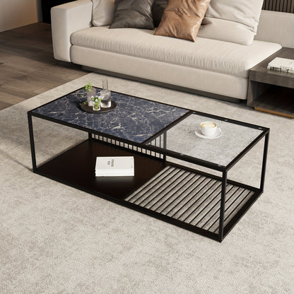 Coffee table, side table, wrought iron coffee table with glass, large storage space, decorative wire design on the sides and bottom adds modernity and artistic touch, 110*48*35cm