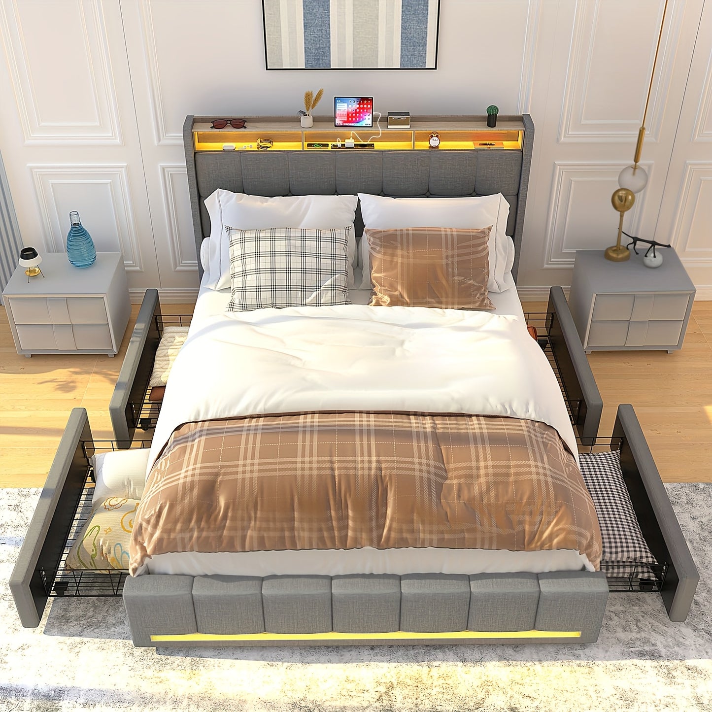 Opbergbed 90x200 cm – Opbergbedden – Ladebed – Bed met Opbergruimte – Slaapbank – Grijs Gestoffeerd – 4 Ruime Lades – Ingebouwd Oplaadstation