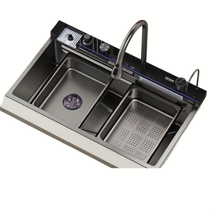 Keukenspoelbak RVS Spoelbak Enkelvoudige Kraan Spoelbak Inbouw Spoelbak – Zwarte RVS Finish – 74,93 x 44,96 cm – 3-Snelheden Uittrekbare Kraan – Inclusief Snijplank en Kopjeswasser