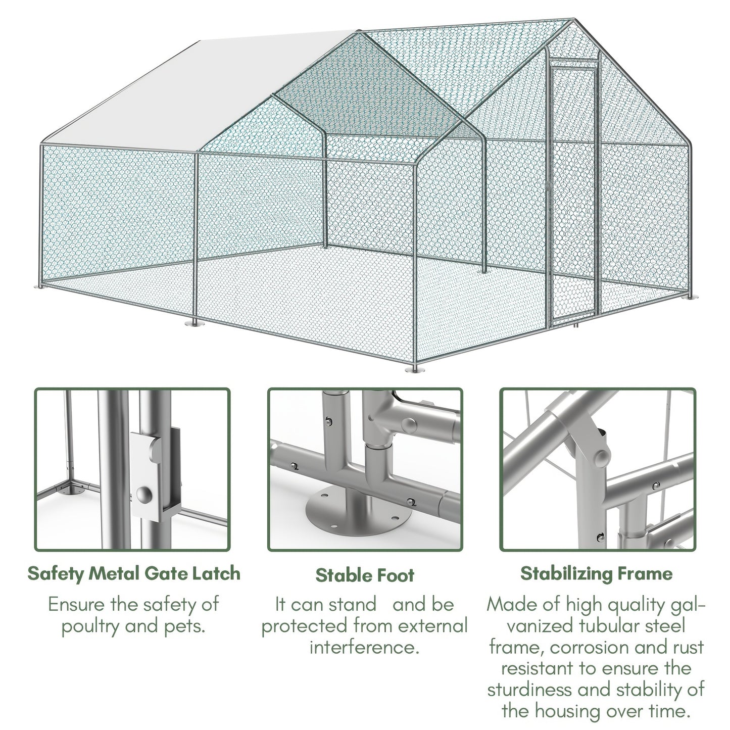 Vrijloopren – Ren – Buitenren – Kippenren – Dierenren – 3 x 2 x 2 Meter – Gegalvaniseerd Stalen Frame – UV- en Waterbestendig Dak